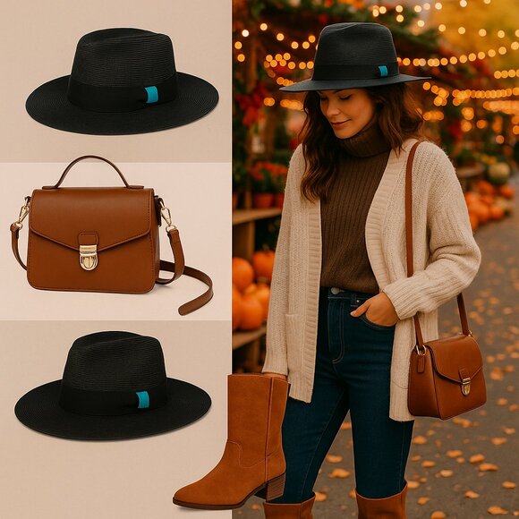 House of Hatters x Cholla Collaboration | Black Raffia Straw Hat with Turquoise main image 5